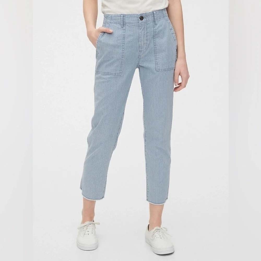 Gap High Rise Straight Khaki Pants Indigo Stripe Railroad‎ Blue White Raw Hem 16